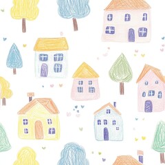 Naklejka premium Colorful Hand-Drawn Houses and Trees Pattern