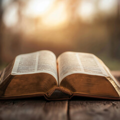 Obraz premium Close-up of an open Bible with soft natural light highlighting the pages, detailed text in focus, peaceful and reverent atmosphere, blurred background with subtle wooden table elements