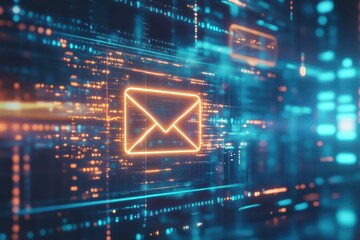 Futuristic email icon glowing in a digital network, representing communication, technology, and connectivity.
