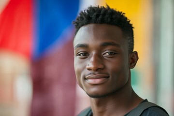 A young man smiling, standing in front of blurred vibrant flags, representing joy and multiculturalism, with a fresh and youthful vibe in a city setting.