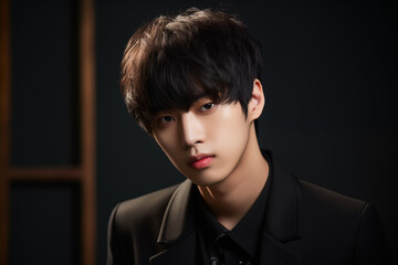 A striking portrait of a handsome Korean man with soft, tousled fringes, wearing a high-fashion coat.fringes sweeping across his forehead, glowing skin, and soft brown eyes.