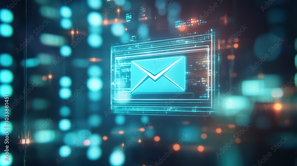 Poster futuristic email interface showcasing digital communication concepts with glowing elements and a sea