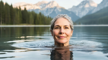 Fototapeta premium Serene Mature Woman Enjoying Refreshing Swim in Mountain Lake
