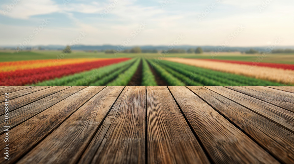 Aufkleber empty wooden table with a blurred background of a colorful flower field, perfect for product placeme