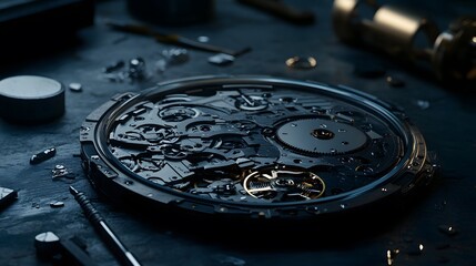 Intricate dismantled mechanical watch with detailed gears and springs on dark background, symbolizing precision and complexity in teardown analysis.