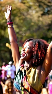 A woman with a big smile on her face is wearing a colorful outfit and is holding her arms up in the air