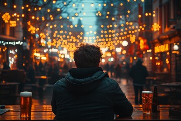 Obraz premium In the background, there is a Street Bar beer restaurant with people enjoying drinks and hanging out together in an avenue, good life, work hard, play hard. Stock photo.
