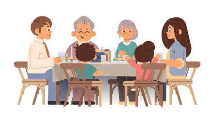 Happy European family having dinner on isolated background. People sit at the table vector illustration