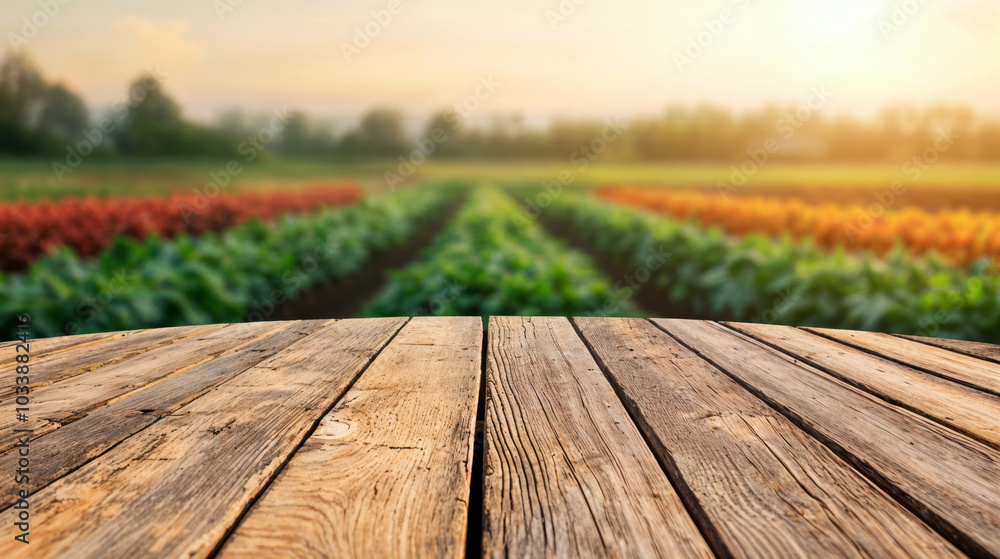 Aufkleber empty wooden table providing a display space with a blurred background of farm field landscape at su