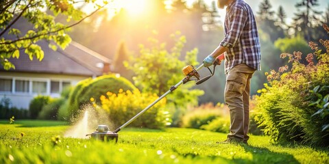 Gardening Maintenance: Person Using Grass Trimmer in Sunny Garden