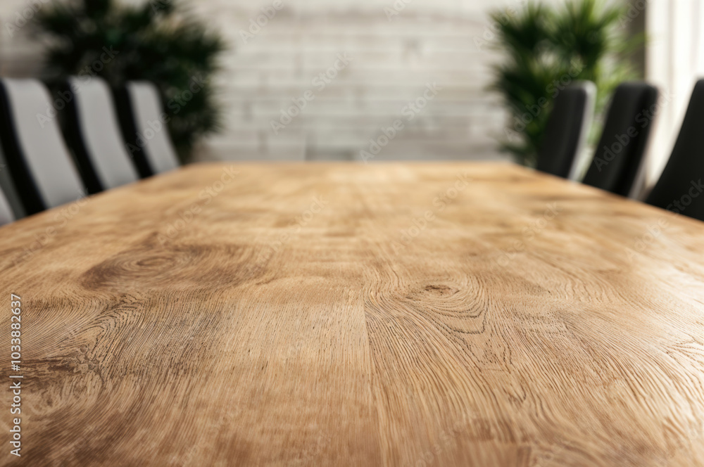 Aufkleber Empty wooden table is providing copy space in a modern office with blurred chairs and plants in the background
