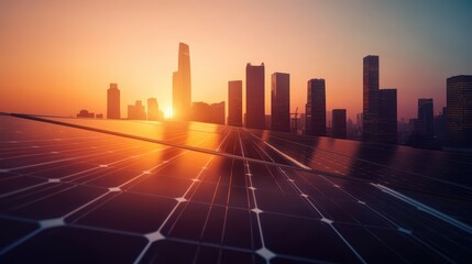 Stunning sunset over a city with solar panels, highlighting renewable energy and urban development.