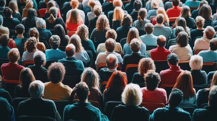 A large crowd of people are sitting in chairs in a room