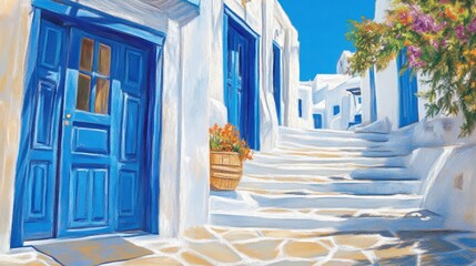 Picturesque Greek Alley with Blue Door and White Stairs