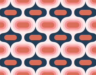 Retro Atomic ogee ovals salmon pink navy Raster Pattern. Mid-century modern style Atomic capsules pink blue seamless pattern.