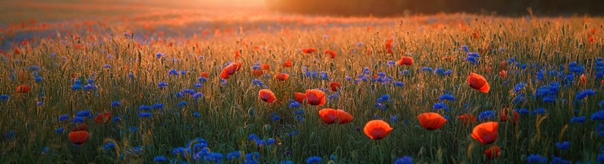 Fototapeta premium Poppy and cornflower fields in the setting sun