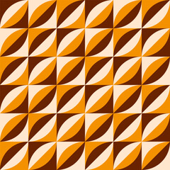 Autumn retro mod leaves mosaic brown yellow Vector Pattern. Midcentury geometric petals checkered diagonal seamless pattern.