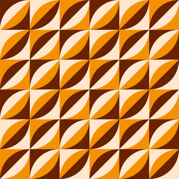 Autumn retro mod leaves mosaic brown yellow Vector Pattern. Midcentury geometric petals checkered diagonal seamless pattern.