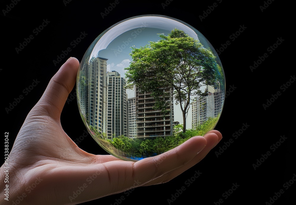 Poster The concept of saving the environment in a crystal glass ball and a tree in a robot's hand. The concept of saving a clean planet using the science of environment.