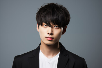 A striking portrait of a handsome Korean man with soft, tousled fringes, wearing a high-fashion coat.fringes sweeping across his forehead, glowing skin, and soft brown eyes.