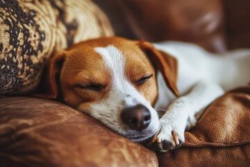 Obraz premium A small dog with a white and brown coat is comfortably napping on a plush leather couch, exuding a sense of peace and contentment in its charming resting pose.