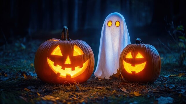 Scary halloween ghost and carved pumkins glowing in dark, Halloween holiday celebration