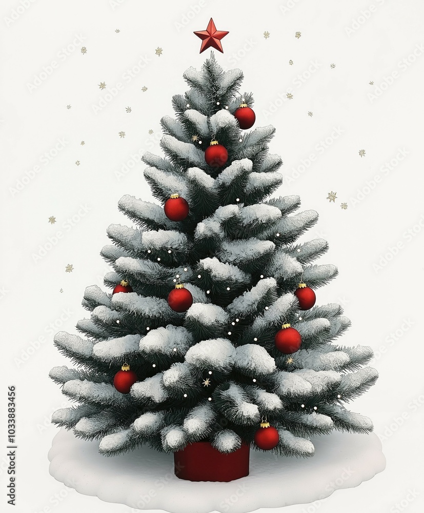 Poster snow-covered christmas tree with red ornaments and a star on top set against a light background evok