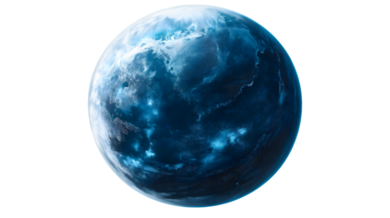 A mysterious planet with glowing bioluminescent ocean on a white background