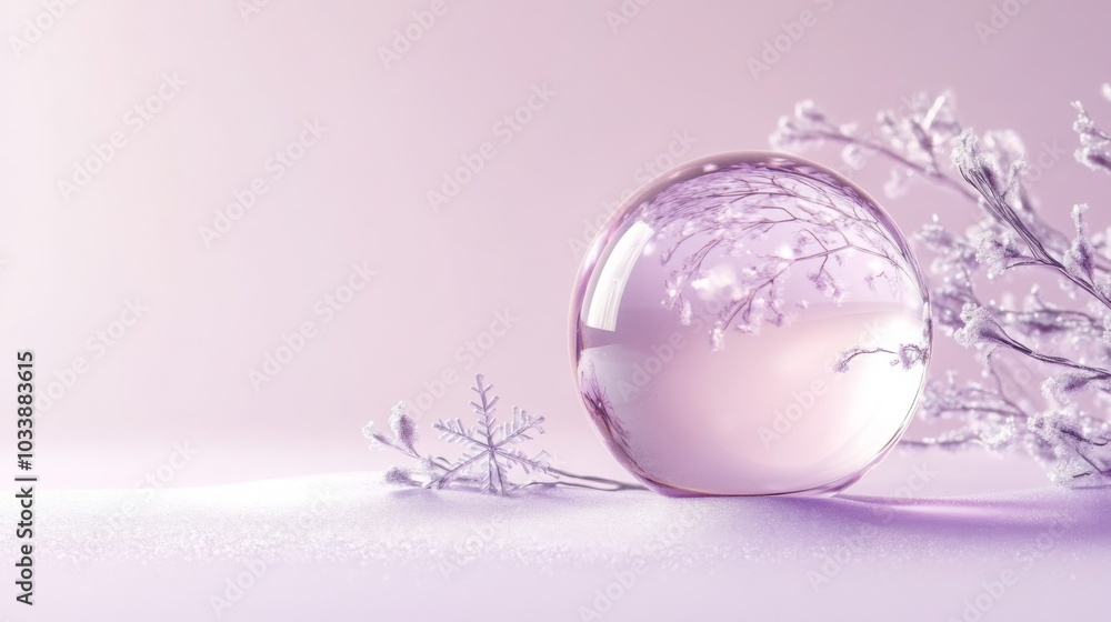 Aufkleber a glass sphere sits gracefully on a smooth surface, reflecting frosted branches and flowers against 