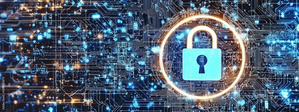 Poster A wide banner design of a secure connection or cybersecurity service concept of a compute motherboard closeup with a safety lock and a login and connecting verified credentials as a secure connection