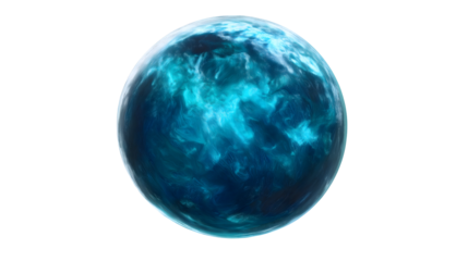 A mysterious planet with glowing bioluminescent ocean on a white background