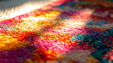 Fototapeta premium Colorful textile rug with intricate patterns illuminated by warm sunlight in a cozy room