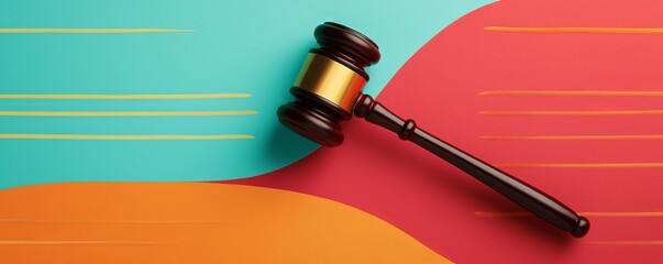 A judge's gavel resting on a colorful background, symbolizing justice and authority.
