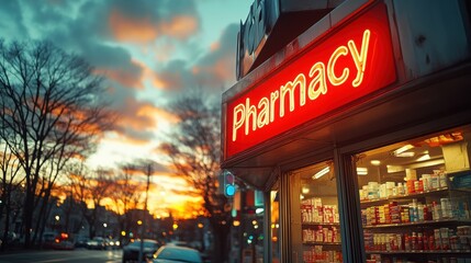 Obraz premium A vibrant urban street scene showcases a pharmacy with a bright red neon sign at sunset, illuminating shelves filled with various medical supplies inside