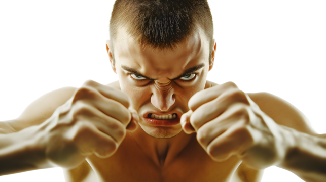 A person in deep anger with fists clenched and brow furrowed, transparent - Powered by Adobe