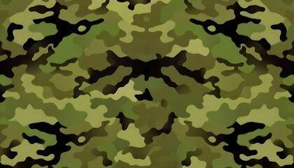 Fototapeta premium An abstract camouflage pattern in shades of green, featuring various shapes and textures blending seamlessly. The design evokes a sense of nature and military aesthetics, creating depth and intrigue
