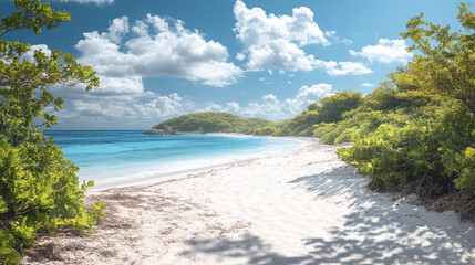 A serene tropical beach with white sand and turquoise waters under a clear blue sky