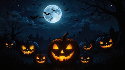 Halloween Silhouette Night with Pumpkins and Bats Illustration