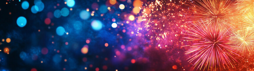Obraz premium A vibrant fireworks display bursts alongside glowing bokeh lights, creating a festive atmosphere with bright colors and shimmering sparks in the night sky