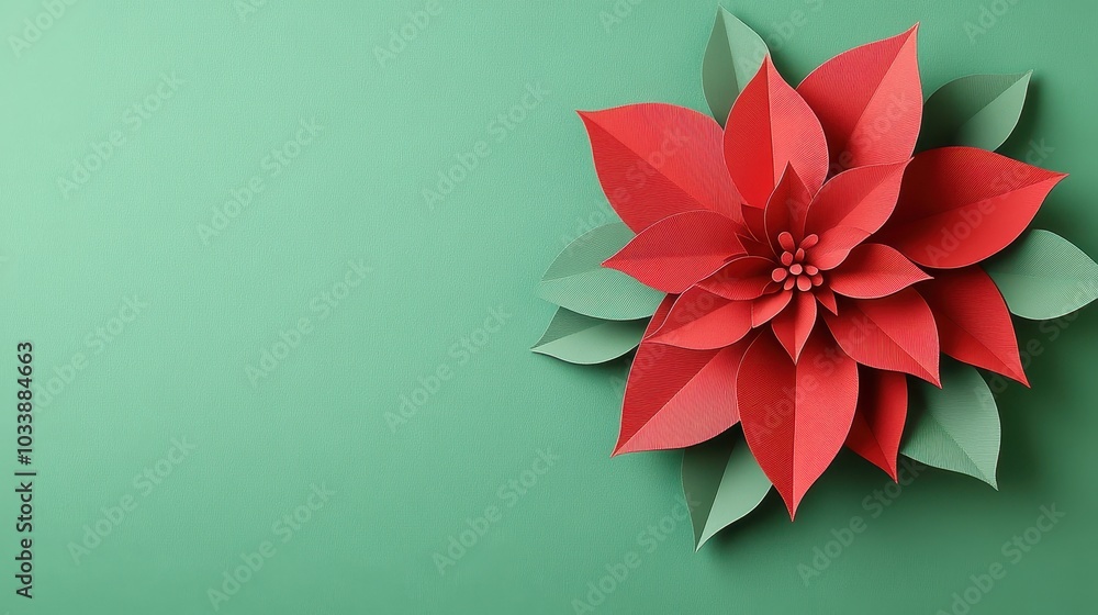 Fototapete paper cut style pattern of a red poinsettia flower with copy space on a green background for christm