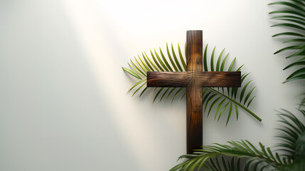 Wooden Cross with Palm Leaves, Religious Symbol in Natural Light