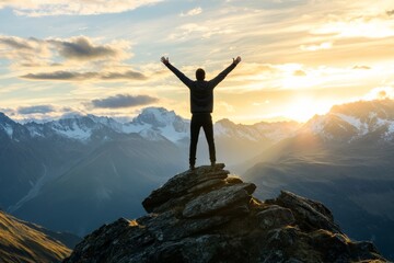 A man stands on a mountain peak, arms outstretched in triumph, gazing at a stunning sunrise over a range of majestic mountains, symbolizing adventure and fulfillment.