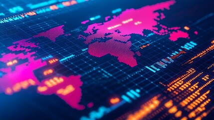 Fototapeta premium Colorful digital world map with glowing data visualizations, dark background.