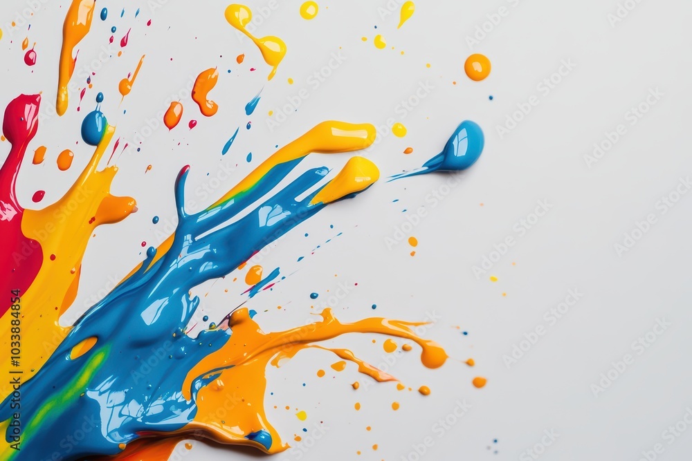 Poster vibrant splash of multicolored paint on a white background, creating an artistic and dynamic visual 