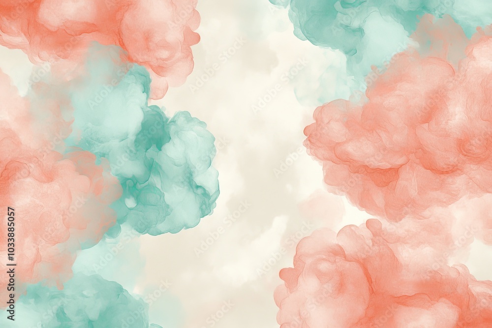 Poster flowing pastel hues form a calming abstract sky art, with gentle pink and blue clouds creating an im