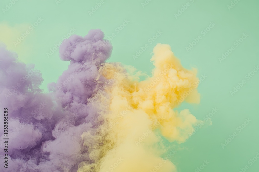 Poster Dramatic swirls of violet and gold smoke explode against a mint backdrop, conjuring an abstract expression of movement and color blending beautifully.