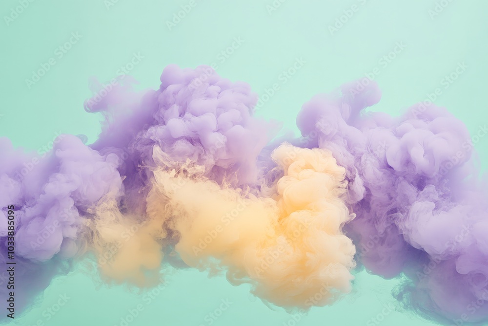 Poster Gorgeous puffs of purple and yellow smoke blend harmoniously against a light teal backdrop, creating a mesmerizing floating abstract art piece.