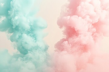 Naklejka premium Mint green and soft pink smoke rises vertically, forming spectacular columns of color that offer a striking visual display, juxtaposing vitality against a gentle backdrop.