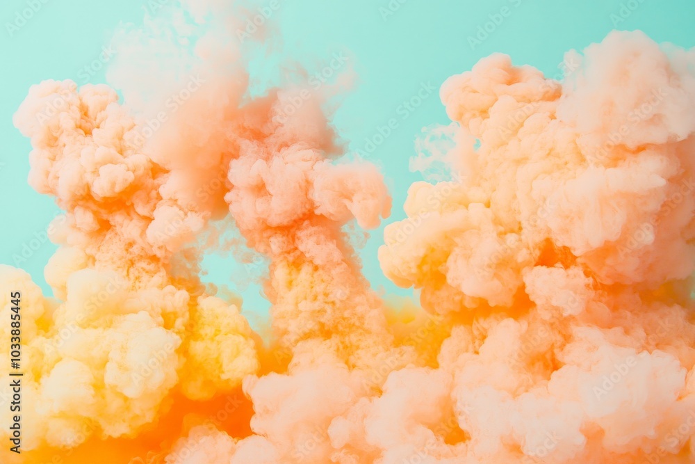 Aufkleber Saturated peach-colored clouds form dynamic shapes against a serene turquoise sky, creating a vibrant and contrasting visual experience with ethereal textures.