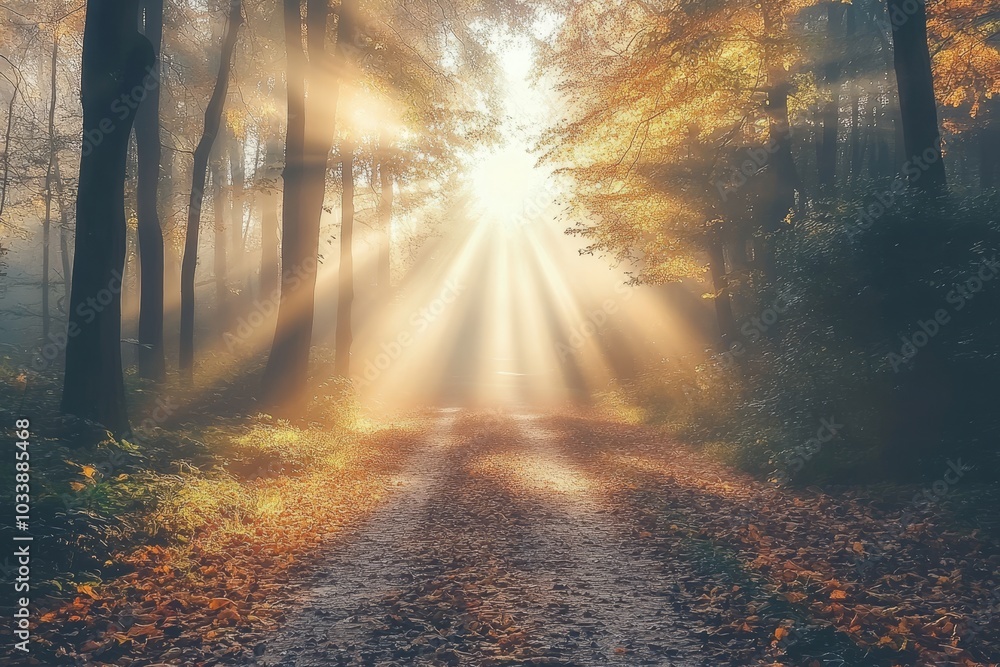 Poster forest road or trail in central india showing the tyndall effect with canopy of trees and warm feel 